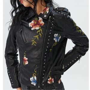 Studded Black Leather Jacket with Floral Embroidery